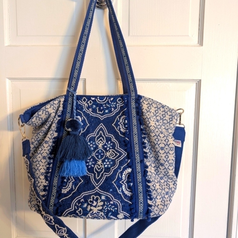 America & Beyond Hand Beaded Boho Blue Bandana Pattern Tote Bag